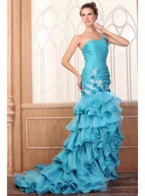 One Shoulder Appliques and Ruffles Layered Column Prom Dress in Teal