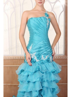 One Shoulder Appliques and Ruffles Layered Column Prom Dress in Teal