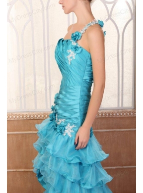 One Shoulder Appliques and Ruffles Layered Column Prom Dress in Teal