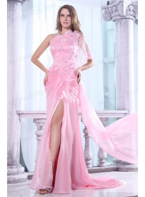 One Shoulder Column Flower and Beading Prom Dress in Baby Pink