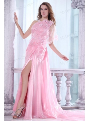 One Shoulder Column Flower and Beading Prom Dress in Baby Pink