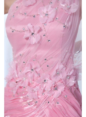 One Shoulder Column Flower and Beading Prom Dress in Baby Pink