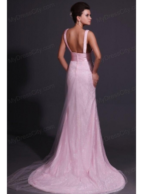 Pink Column V-neck Lace Brush Train Prom Dress with Appliques