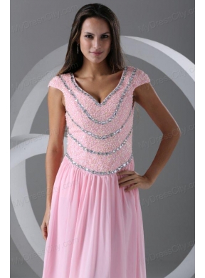 Pink Empire V-neck Cap Sleeves Prom Dress with Beading