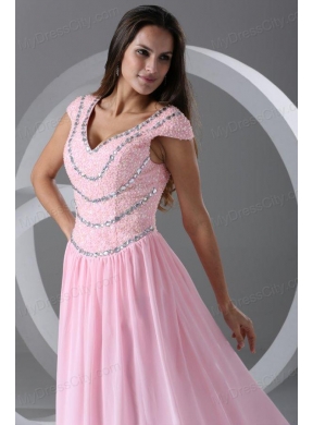 Pink Empire V-neck Cap Sleeves Prom Dress with Beading