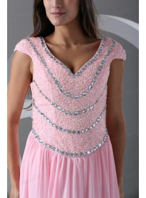 Pink Empire V-neck Cap Sleeves Prom Dress with Beading