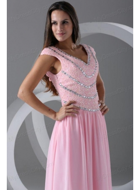 Pink Empire V-neck Cap Sleeves Prom Dress with Beading