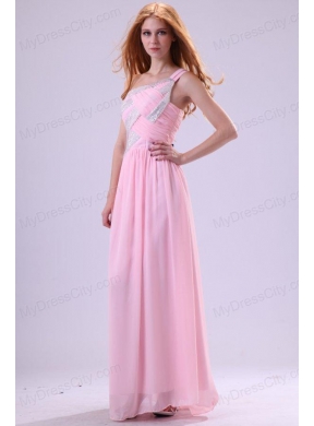 Pretty Empire One Shoulder Floor-length Pink Beading Chiffon Prom Dress