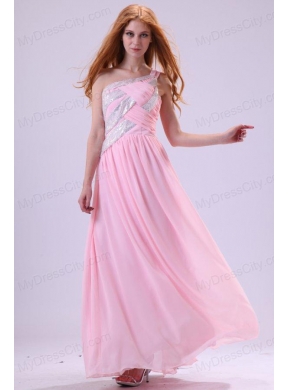 Pretty Empire One Shoulder Floor-length Pink Beading Chiffon Prom Dress