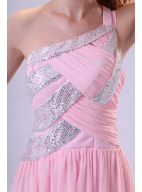 Pretty Empire One Shoulder Floor-length Pink Beading Chiffon Prom Dress