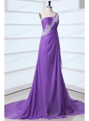 Purple Empire One Shoulder Brush Train Chiffon Appliques 2014 Prom Dress