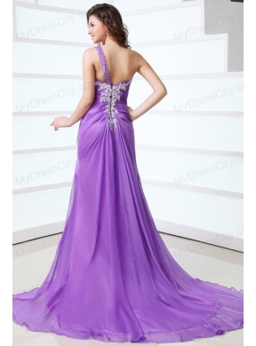 Purple Empire One Shoulder Brush Train Chiffon Appliques 2014 Prom Dress