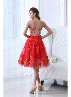 Red A-line Sweetheart Knee-length Tulle Prom Dress with Beading and Hand Made Flowers