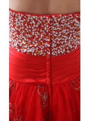 Red A-line Sweetheart Knee-length Tulle Prom Dress with Beading and Hand Made Flowers