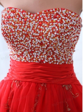 Red A-line Sweetheart Knee-length Tulle Prom Dress with Beading and Hand Made Flowers