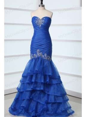 Sexy Blue Mermaid Sweetheart Floor-length Organza 2014 Spring Prom Dress with Beading