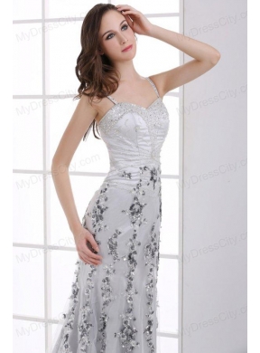 Silver Column Straps Beading and Appliques Prom Dress for Spring