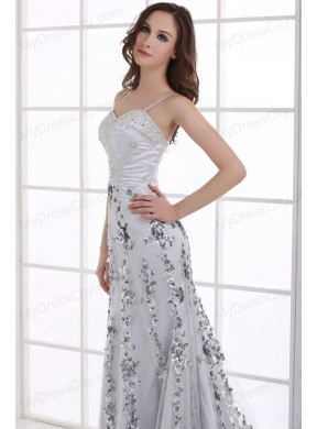 Silver Column Straps Beading and Appliques Prom Dress for Spring