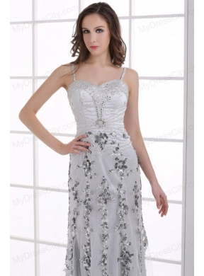 Silver Column Straps Beading and Appliques Prom Dress for Spring