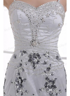 Silver Column Straps Beading and Appliques Prom Dress for Spring