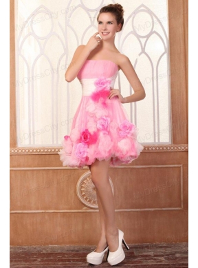 Strapless Short Hand Made Flowers Mini-length Pink Prom Dress