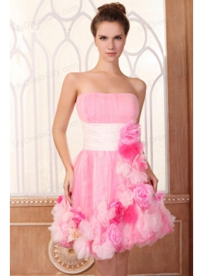 Strapless Short Hand Made Flowers Mini-length Pink Prom Dress