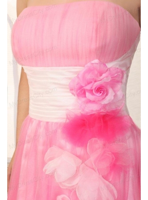 Strapless Short Hand Made Flowers Mini-length Pink Prom Dress