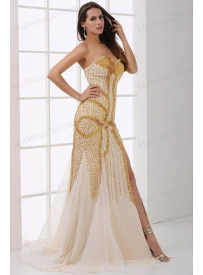 Sweetheart Column Champagne Beaded Decorate Prom Dress