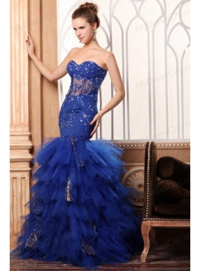 Sweetheart Mermaid Appliques and Ruffles Layered Prom Dress in Blue