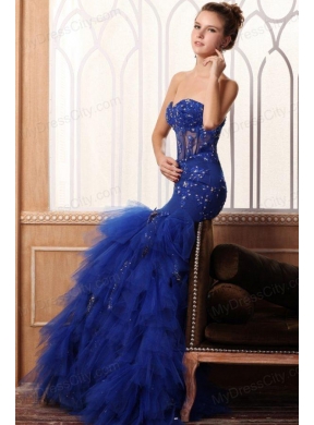 Sweetheart Mermaid Appliques and Ruffles Layered Prom Dress in Blue