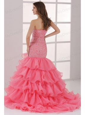 Watermelon Sweetheart Mermaid Beading and Ruffles Layered Prom Dress