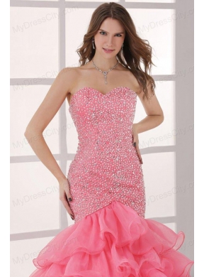 Watermelon Sweetheart Mermaid Beading and Ruffles Layered Prom Dress