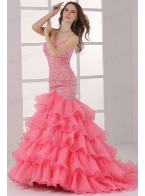 Watermelon Sweetheart Mermaid Beading and Ruffles Layered Prom Dress