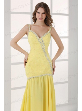 Yellow Straps Column Beaded Decorate and Silt Sweep Train Prom Dress