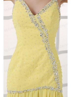 Yellow Straps Column Beaded Decorate and Silt Sweep Train Prom Dress