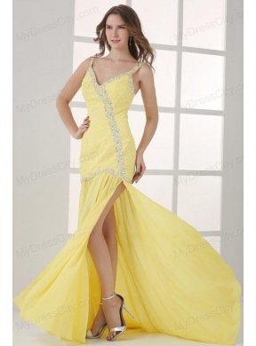 Yellow Straps Column Beaded Decorate and Silt Sweep Train Prom Dress