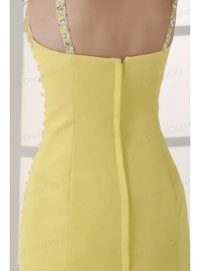 Yellow Straps Column Beaded Decorate and Silt Sweep Train Prom Dress