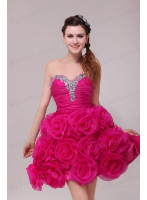 A-line Hot Pink Sweetheart Knee-length Hand Made Flowers Prom Dress