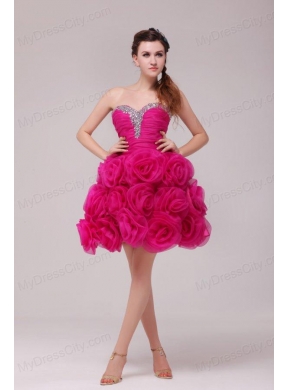 A-line Hot Pink Sweetheart Knee-length Hand Made Flowers Prom Dress