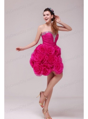 A-line Hot Pink Sweetheart Knee-length Hand Made Flowers Prom Dress