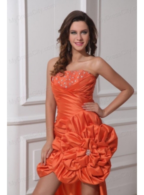 A-line Orange Red Strapless Ruching and Beading High-low Prom Dress