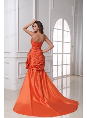 A-line Orange Red Strapless Ruching and Beading High-low Prom Dress