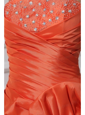 A-line Orange Red Strapless Ruching and Beading High-low Prom Dress