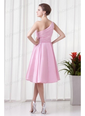 A-line Pink One Shoulder Knee-length Hand Made Flowers Prom Dress