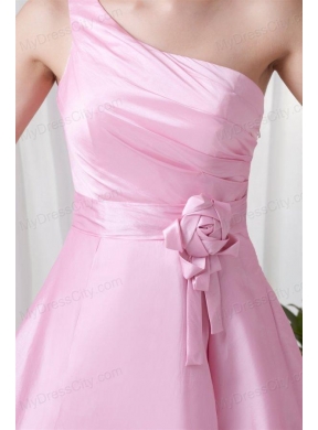 A-line Pink One Shoulder Knee-length Hand Made Flowers Prom Dress