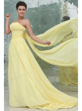 A-line Strapless Beading and Ruching Chiffon Light Yellow Prom Dress