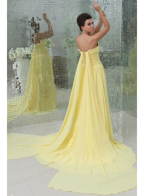 A-line Strapless Beading and Ruching Chiffon Light Yellow Prom Dress