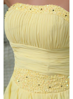 A-line Strapless Beading and Ruching Chiffon Light Yellow Prom Dress