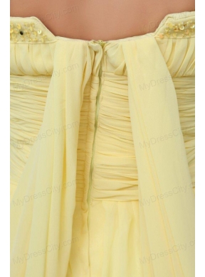 A-line Strapless Beading and Ruching Chiffon Light Yellow Prom Dress