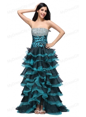 A-line Strapless Black and Blue Ruffled Layers Organza Beading Prom Dress